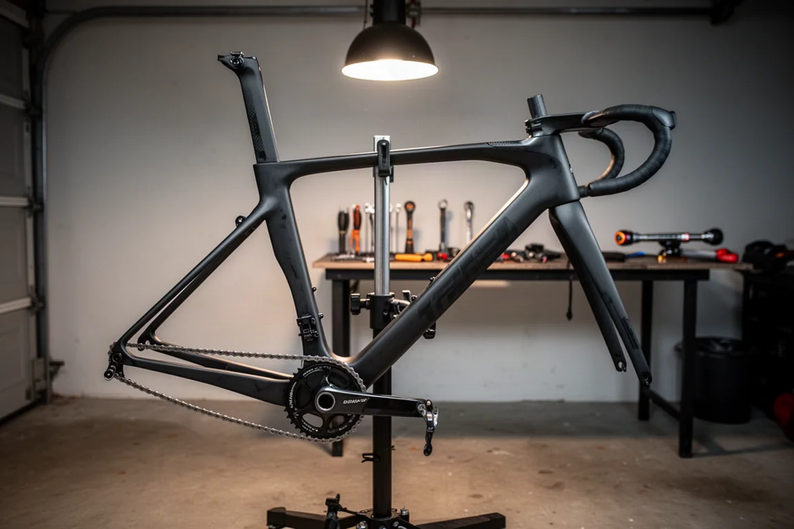 Telaio di bici da strada in carbonio su un cavalletto da officina mentre viene ispezionato in garage