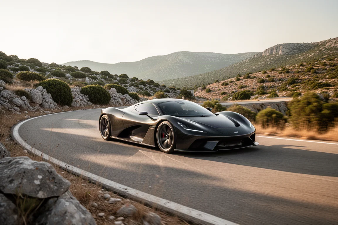 Flacher Elektro-Hypercar auf einer gesperrten Bergstraße in Kroatien