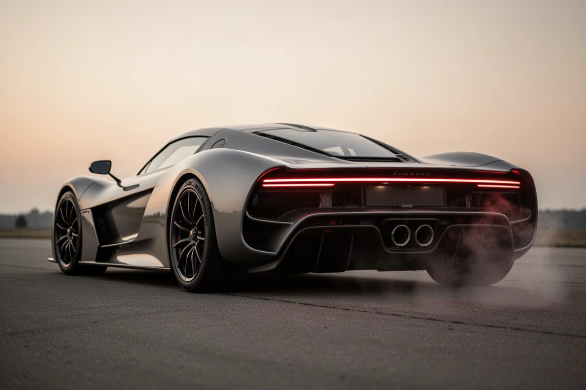 Heckansicht eines W16-Hypercars mit vier Endrohren in der Abenddämmerung