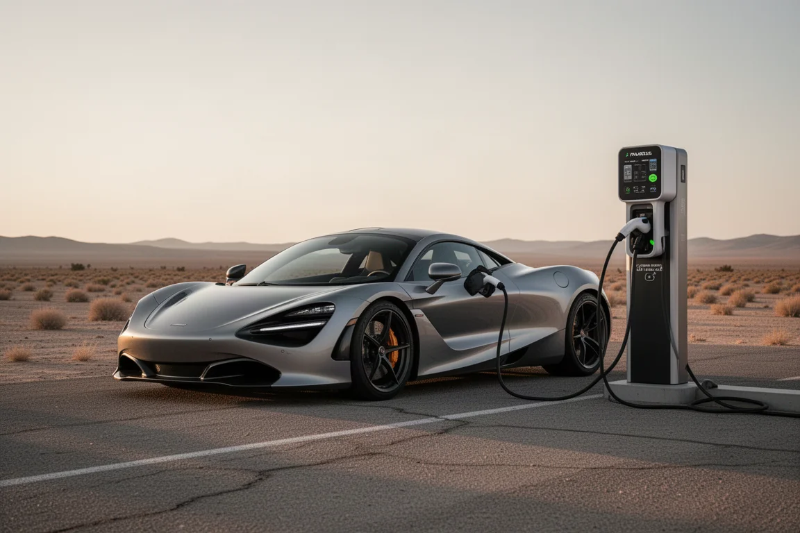 Ladekabel an einem Elektro-Hypercar angeschlossen an einen Schnelllader