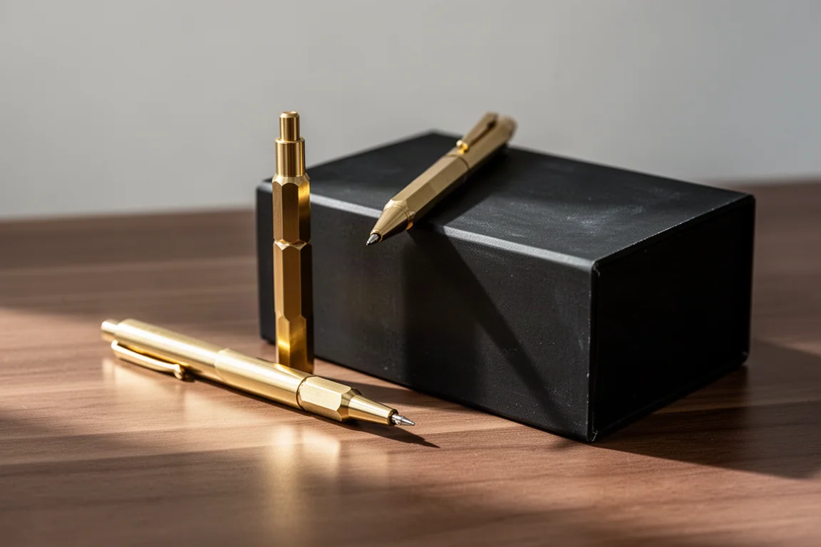 A brass mechanical pencil beside its black chalkboard-style packaging box