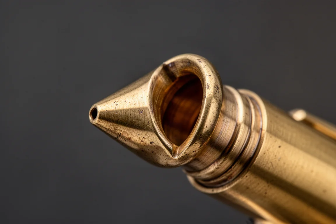 Close-up of a brass pencil mouth ring with a deep, unpolished patina forming