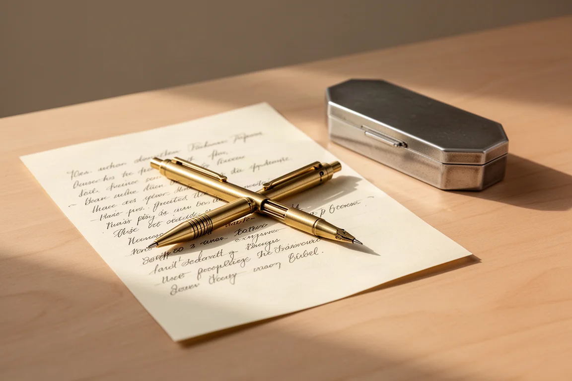 Brass mechanical pencil and hexagonal case placed together on a desk beside handwritten notes