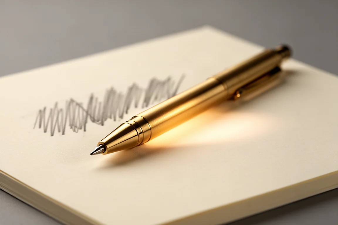 A hand taking notes with a brass pencil, knock cap area visible under soft desk light