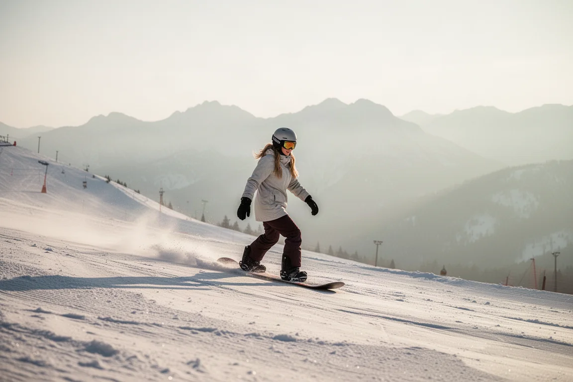 Kobieta na snowboardzie zjeżdża przygotowanym stokiem w miękkim porannym świetle, w tle góry