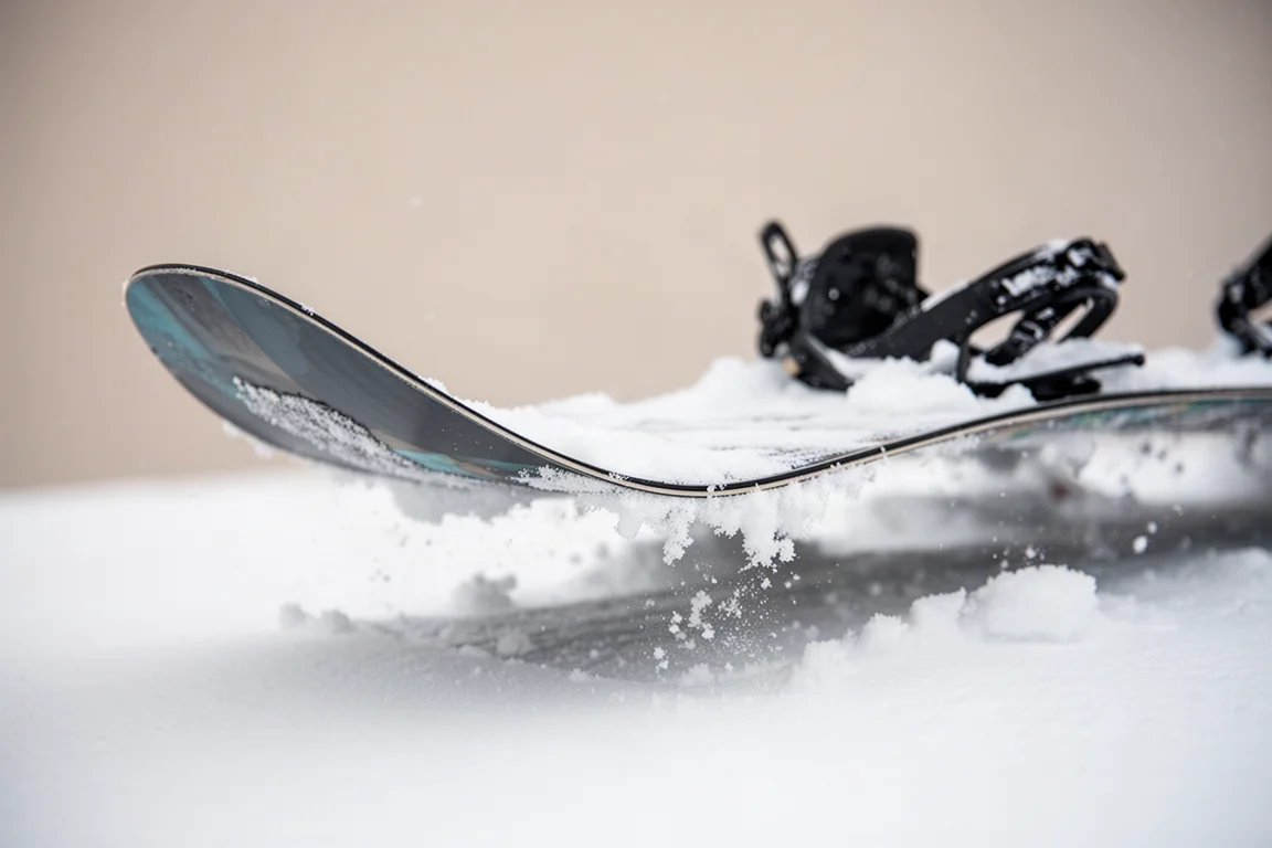 Zbliżenie na nos snowboardu uniesiony nad świeżym śniegiem z punktem styku pod stopami