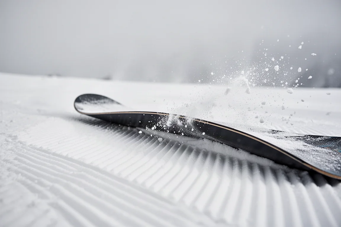 Krawędź snowboardu tnąca czysty łuk w przygotowanym, żebrowanym śniegu