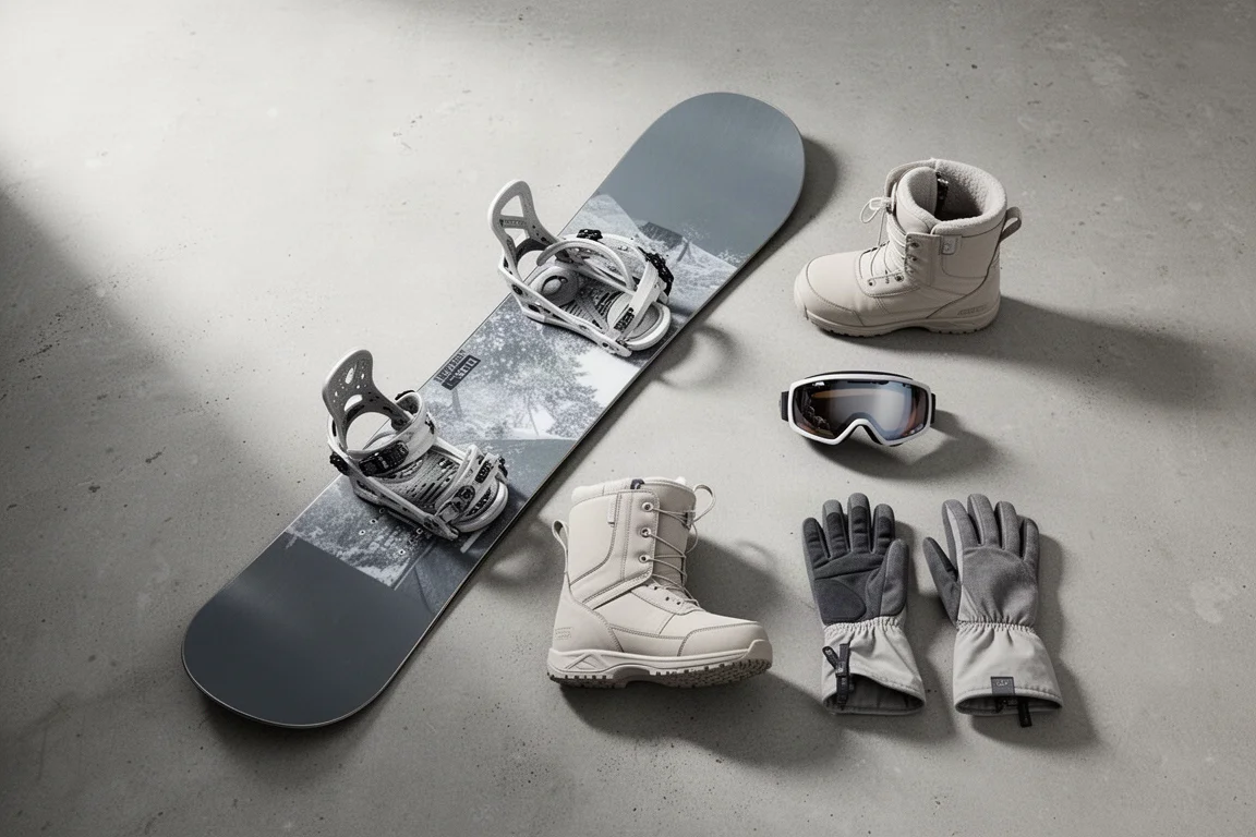 Snowboard, wiązania, buty, gogle i rękawice rozłożone na betonie