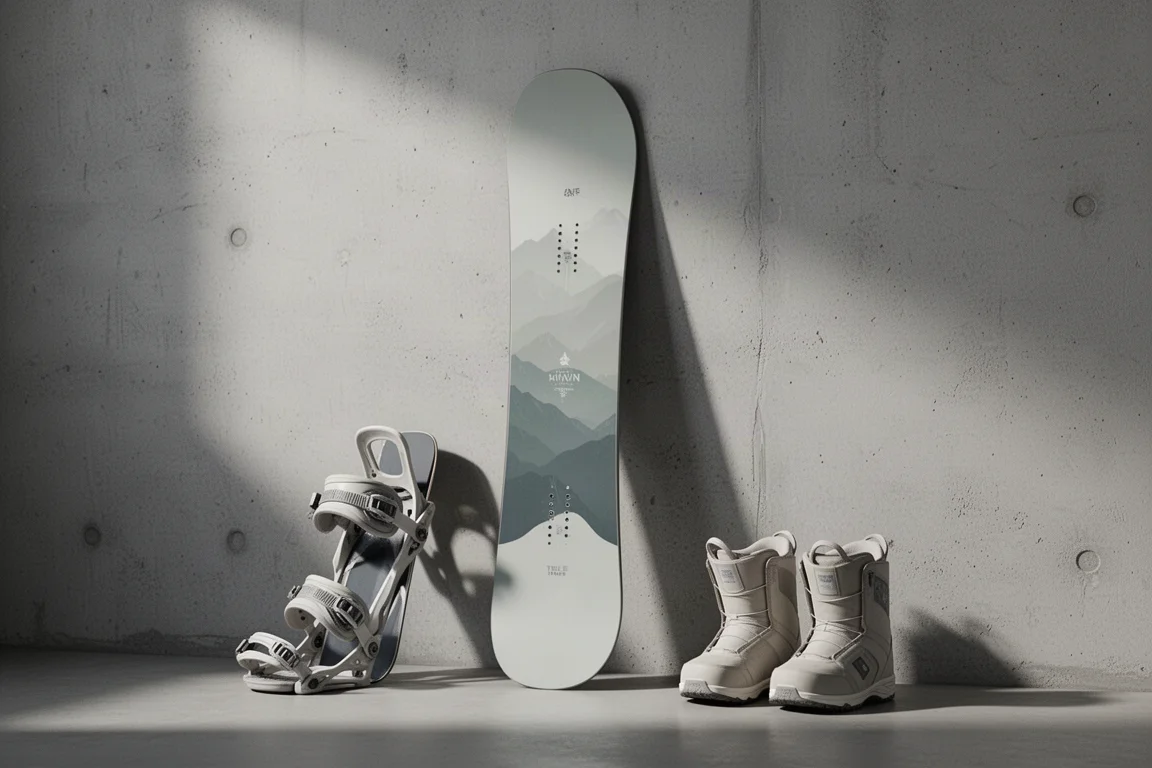 Women's true twin snowboard leaning against a concrete wall with bindings and boots