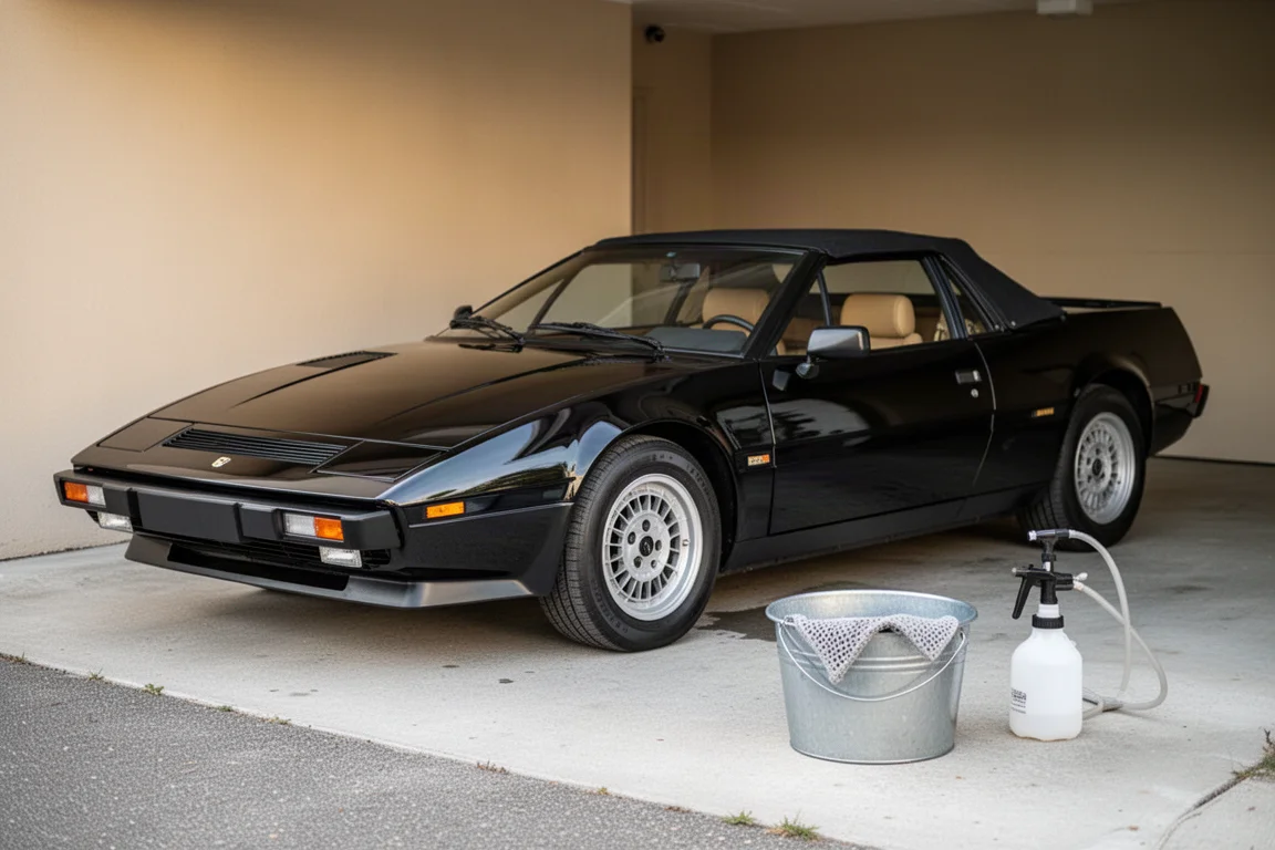 黑色1985年Bertone Targa敞篷跑車，旁邊有細節清潔水桶和手壓噴霧器