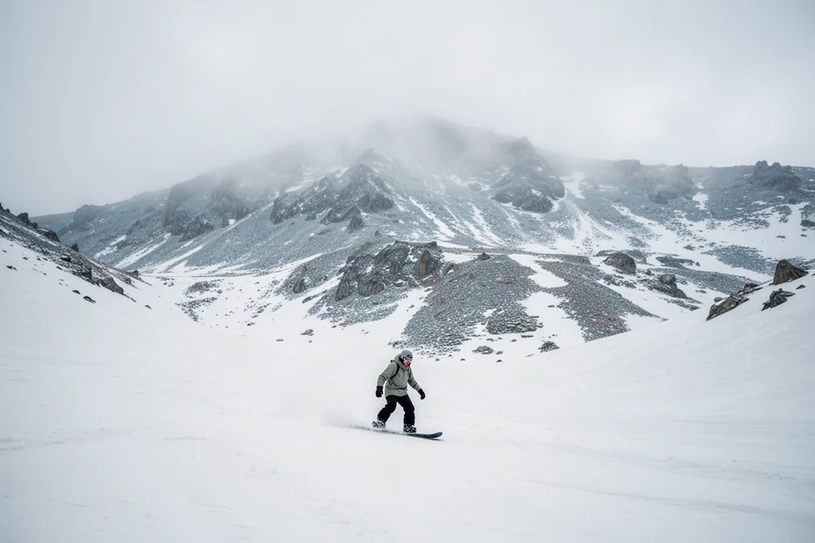 Snowboarder przecinający szeroką polaną wysokogórską w miękkim, pochmurnym świetle na zróżnicowanym śniegu