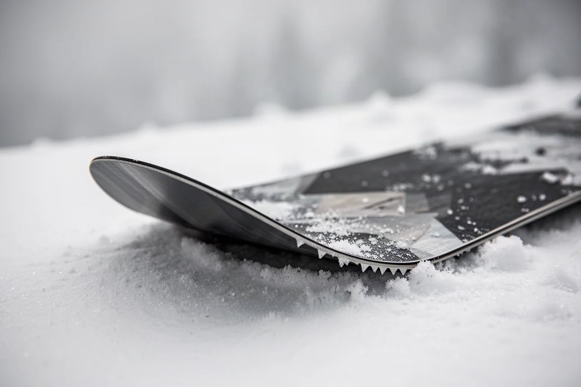 Ujęcie z niskiej perspektywy noska snowboardu lekko wyginającego się na ubitym śniegu