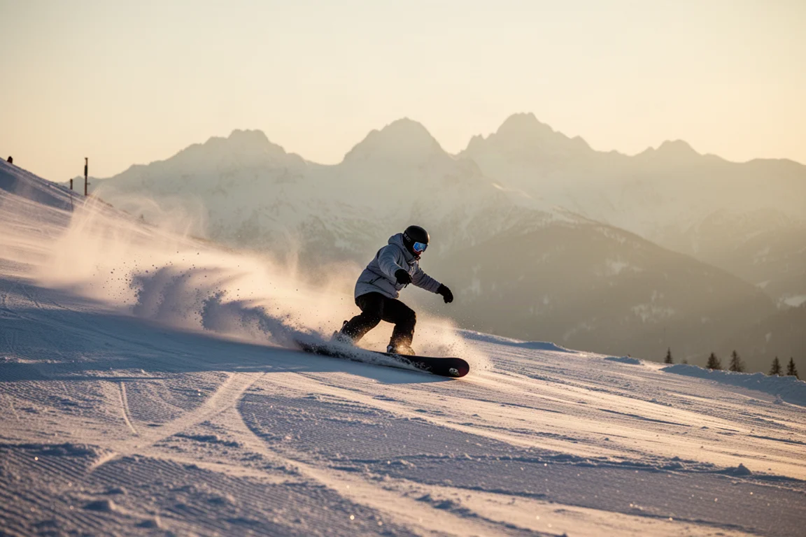 Snowboarder tnący łuk na przygotowanej trasie w złotym świetle z odległymi szczytami w tle