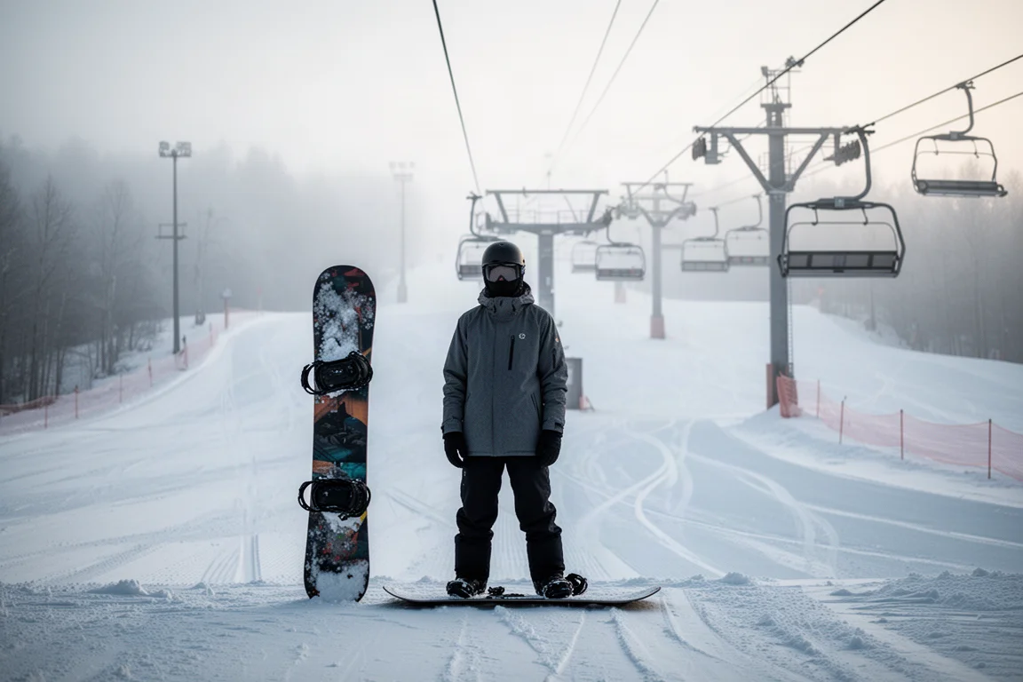 Snowboarder stojący u podnóża wyciągu o wczesnym poranku z pustymi stokami w tle