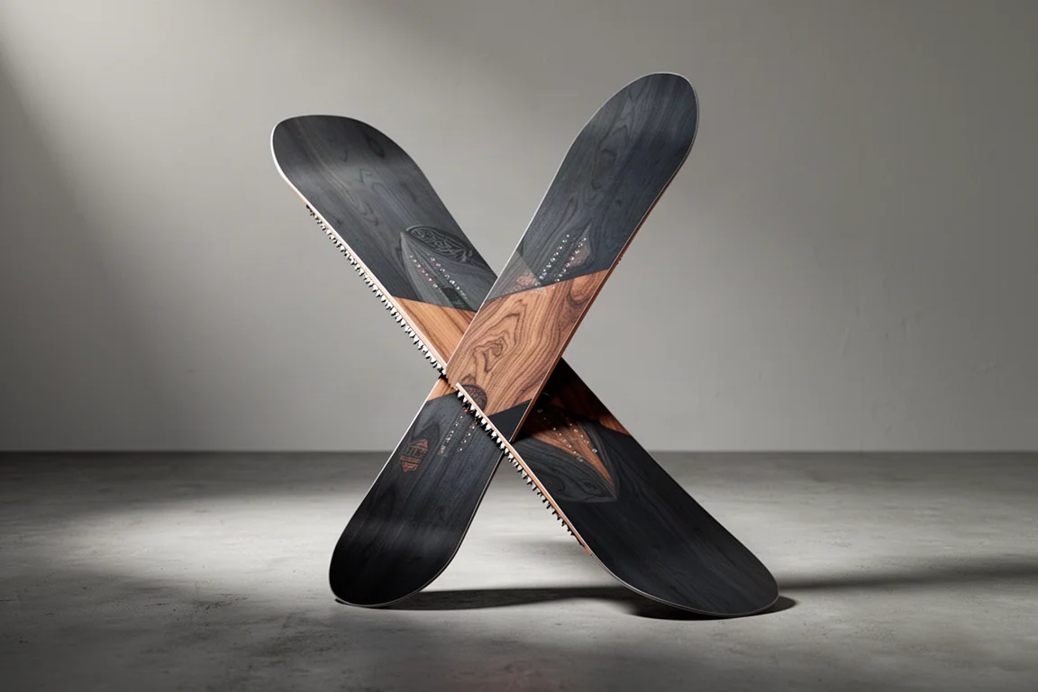 Directional all-mountain snowboard standing upright on a matte concrete studio surface