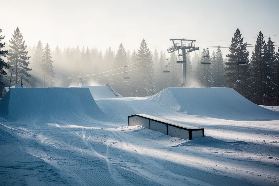Empty snowboard terrain park at first light with groomed kickers and a rail feature