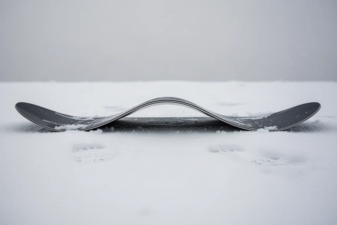 Side view of a snowboard on packed snow showing its camber profile arc