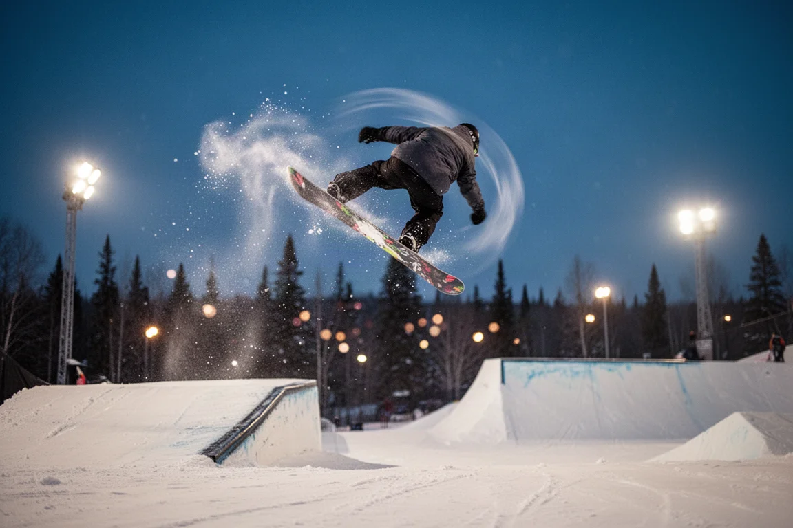 Snowboarder spinning above a park jump at dusk with motion blur