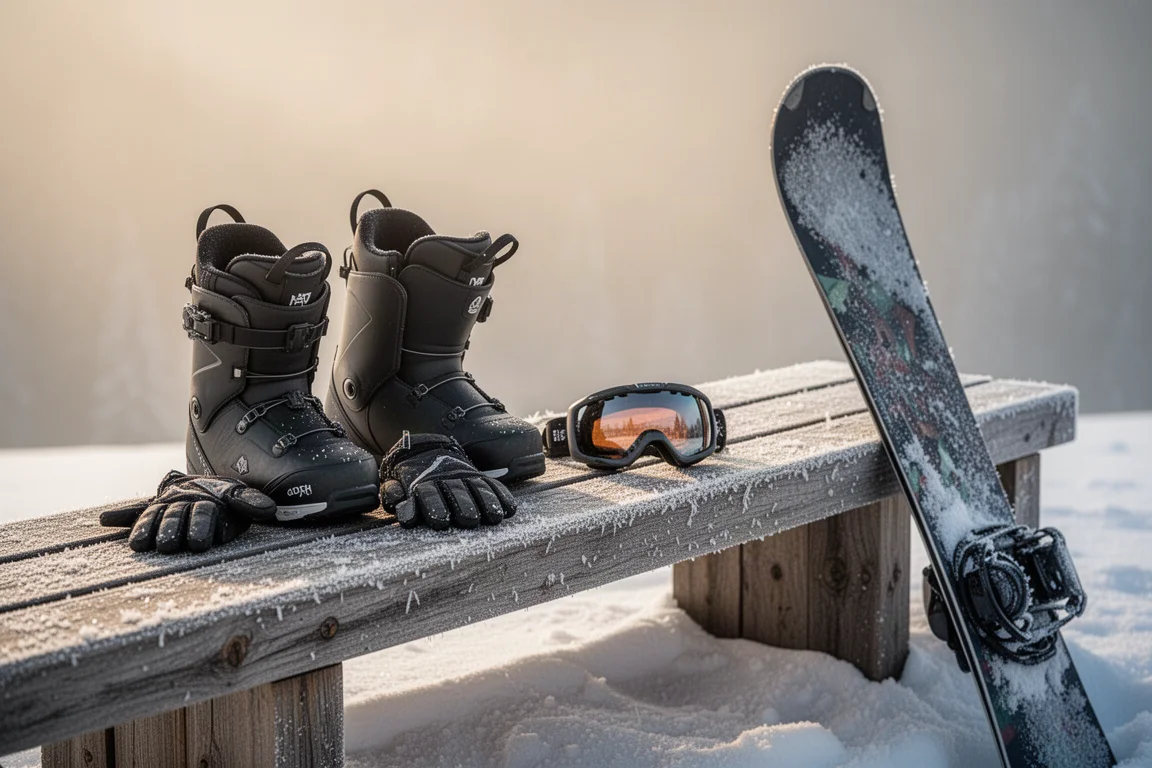 Snowboard boots, gloves and goggles on a frosty bench at a resort base