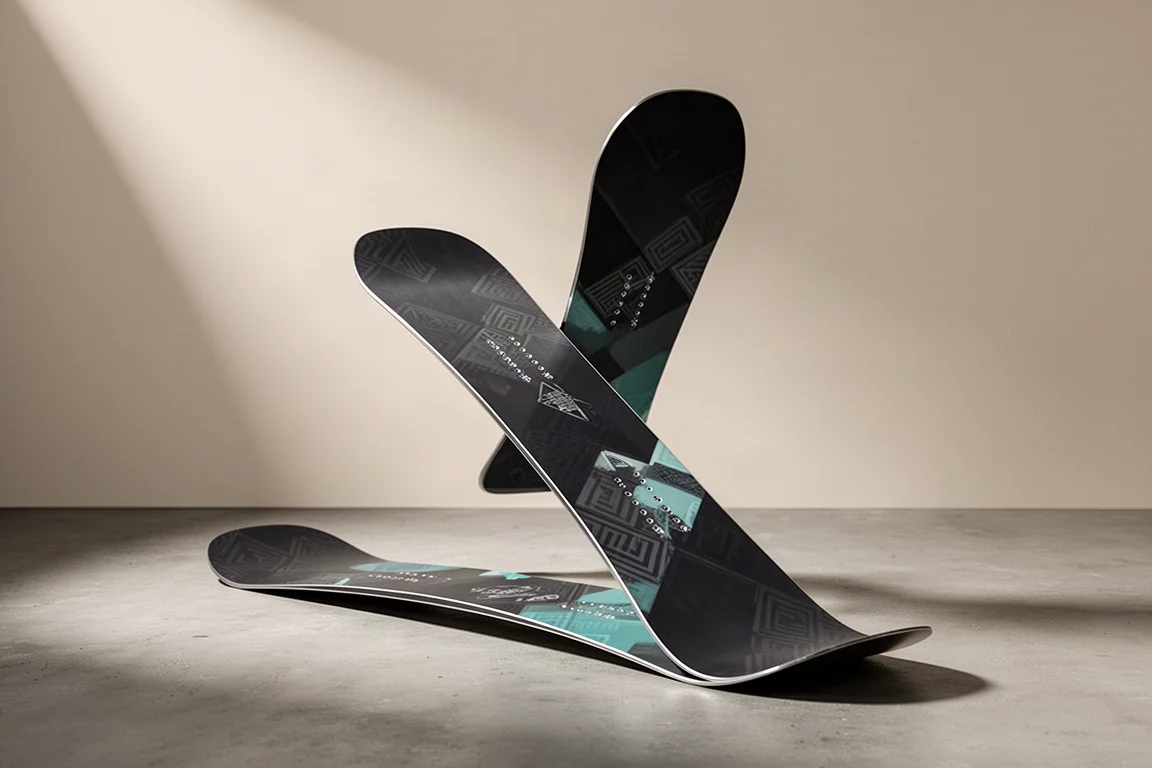 True twin camber snowboard standing upright on a matte concrete surface