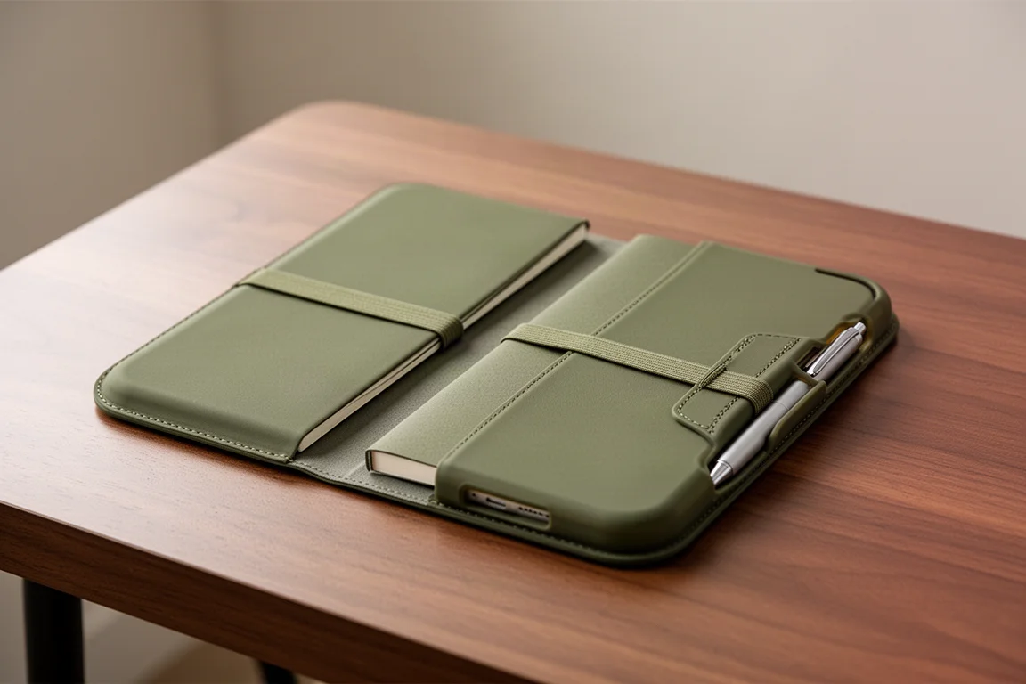 Notebook keeper met twee sleuven voor notitieboekjes op een houten bureau