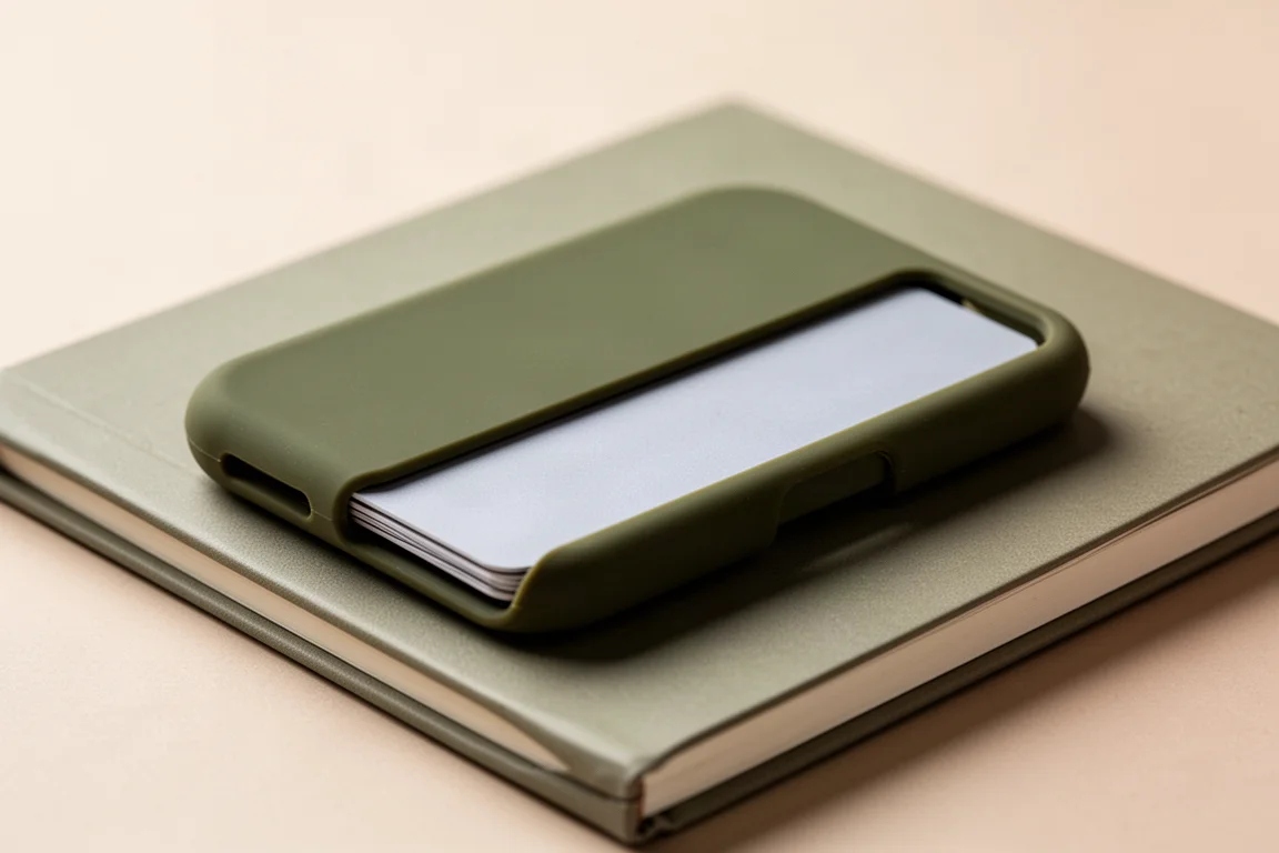 Compacte veldportemonnee met kaarten en een notitieboekje op een tafel