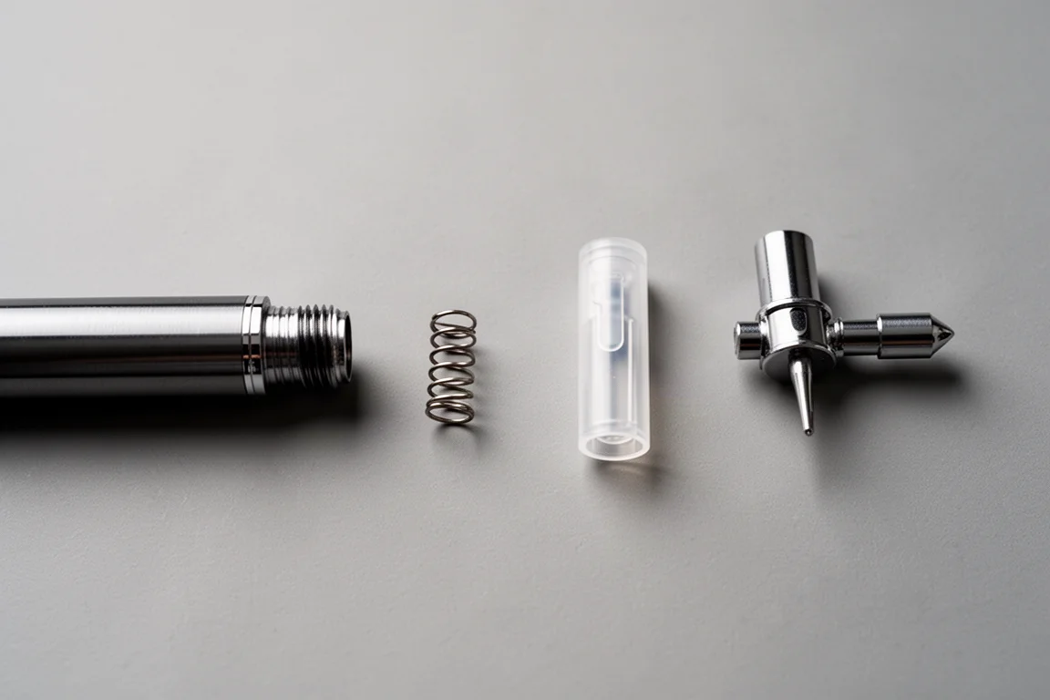 Uit elkaar genomen onderdelen van een vulpen, met zichtbaar klikmechanisme en veer