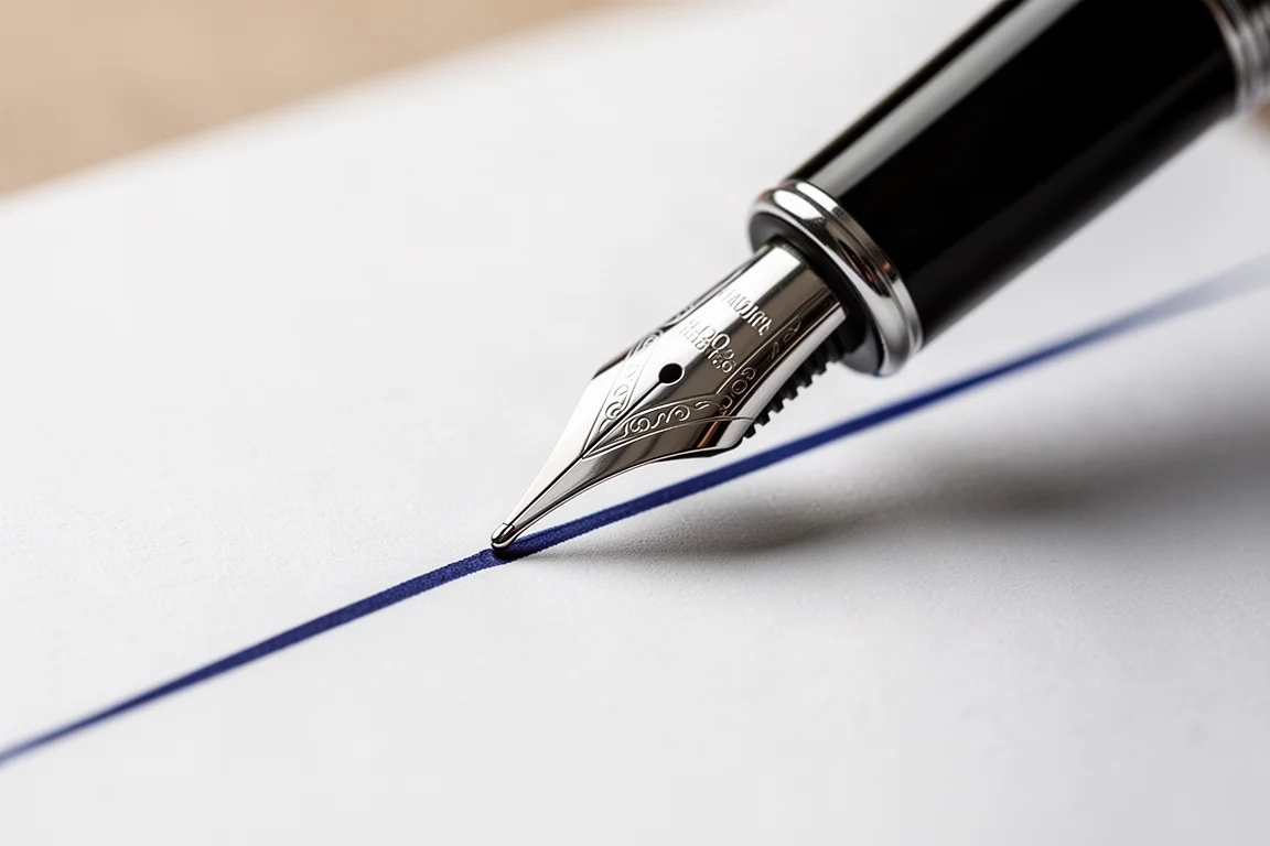 Fijne vulpunt schrijft een dunne blauwe lijn op glad wit papier