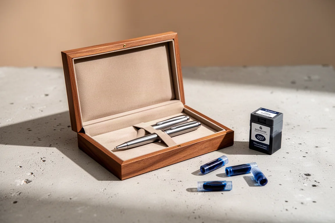 Geschenkdoos van vulpen met cartridgebox op een betonnen ondergrond