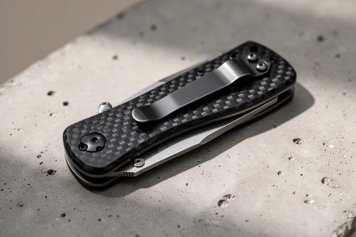 Geschlossenes Klappmesser mit Carbon-Faser-Griffschale, sichtbarer Deep-Carry-Klinge
