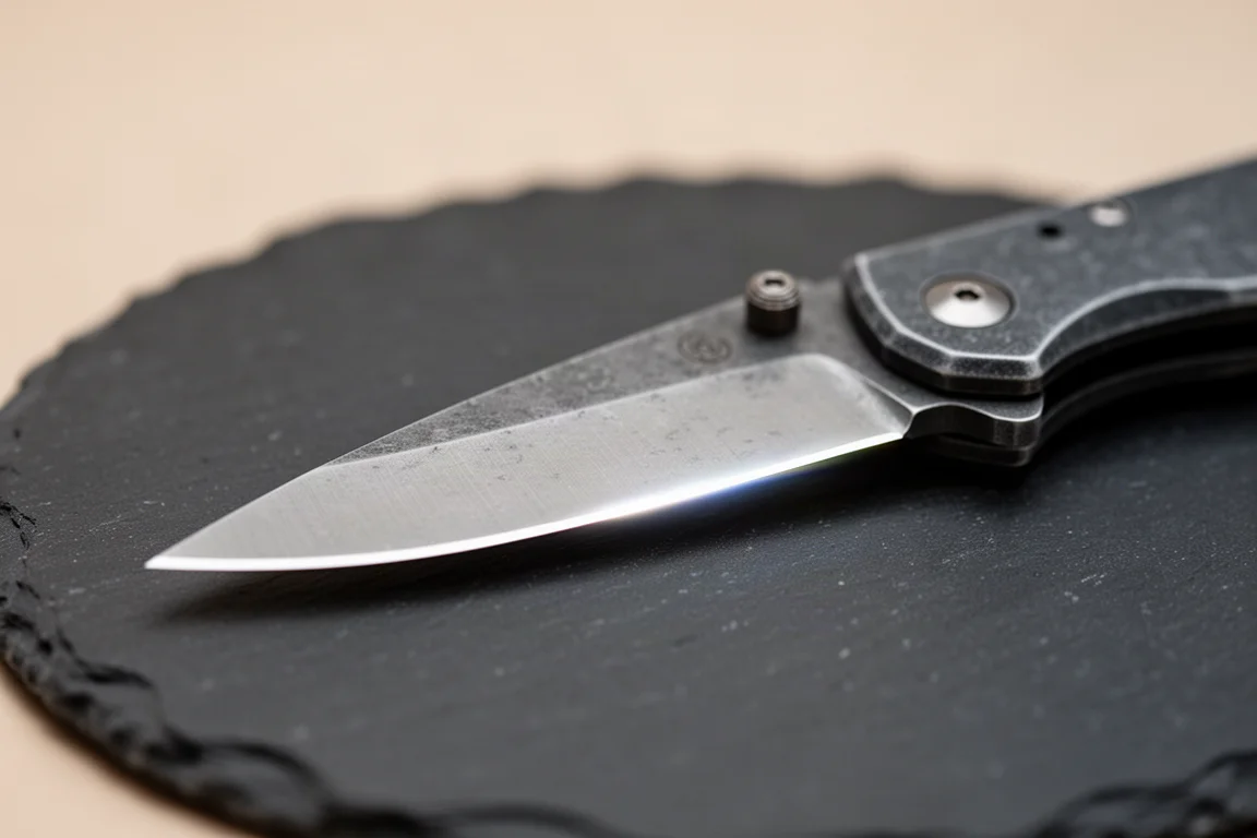 Klingenkante eines Klappmessers fängt das Licht auf dunkler Steinoberfläche