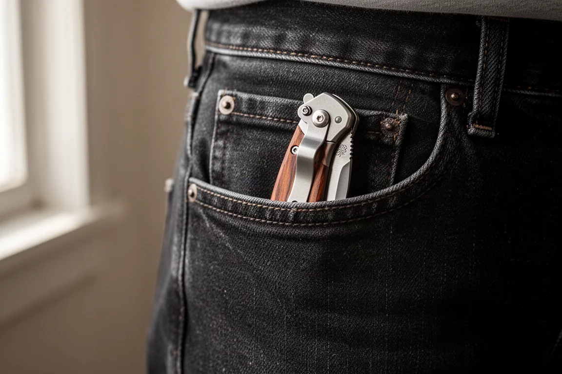 Taschenmesser am Clip in einer Jeansjackentasche getragen