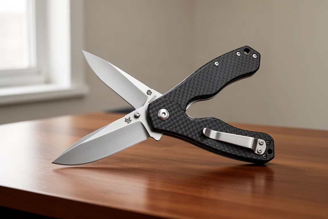 Coltello pieghevole con manici in fibra di carbonio e lama satinata su una scrivania di legno