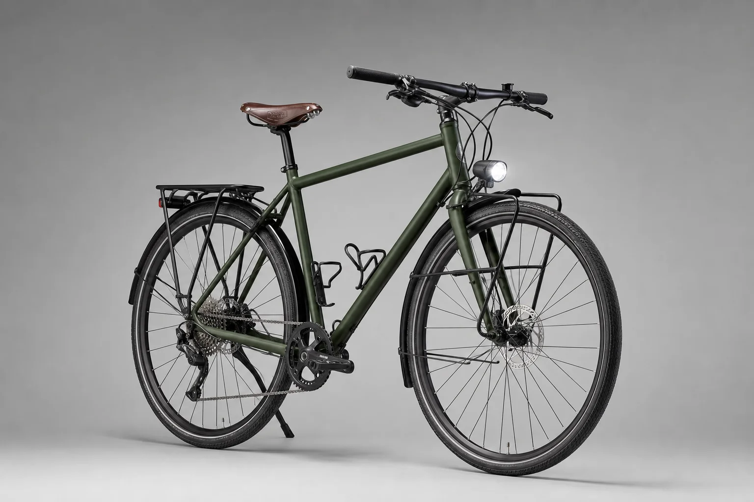 Collection of touring bicycles in various styles on neutral backdrop