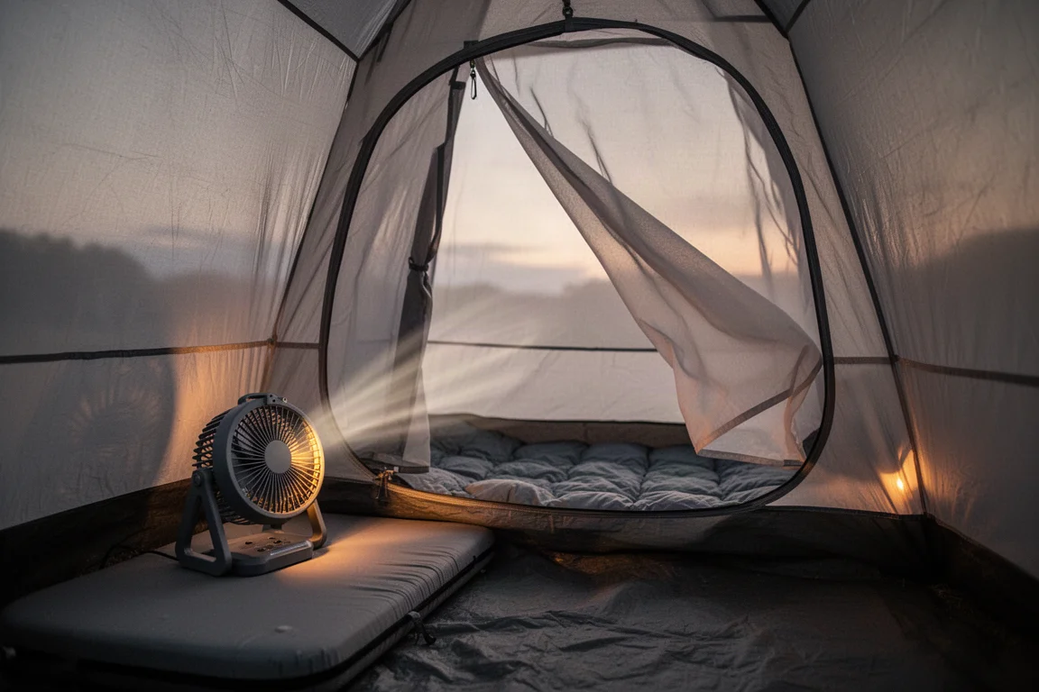 Compact portable fan placed inside a small camping tent at dusk