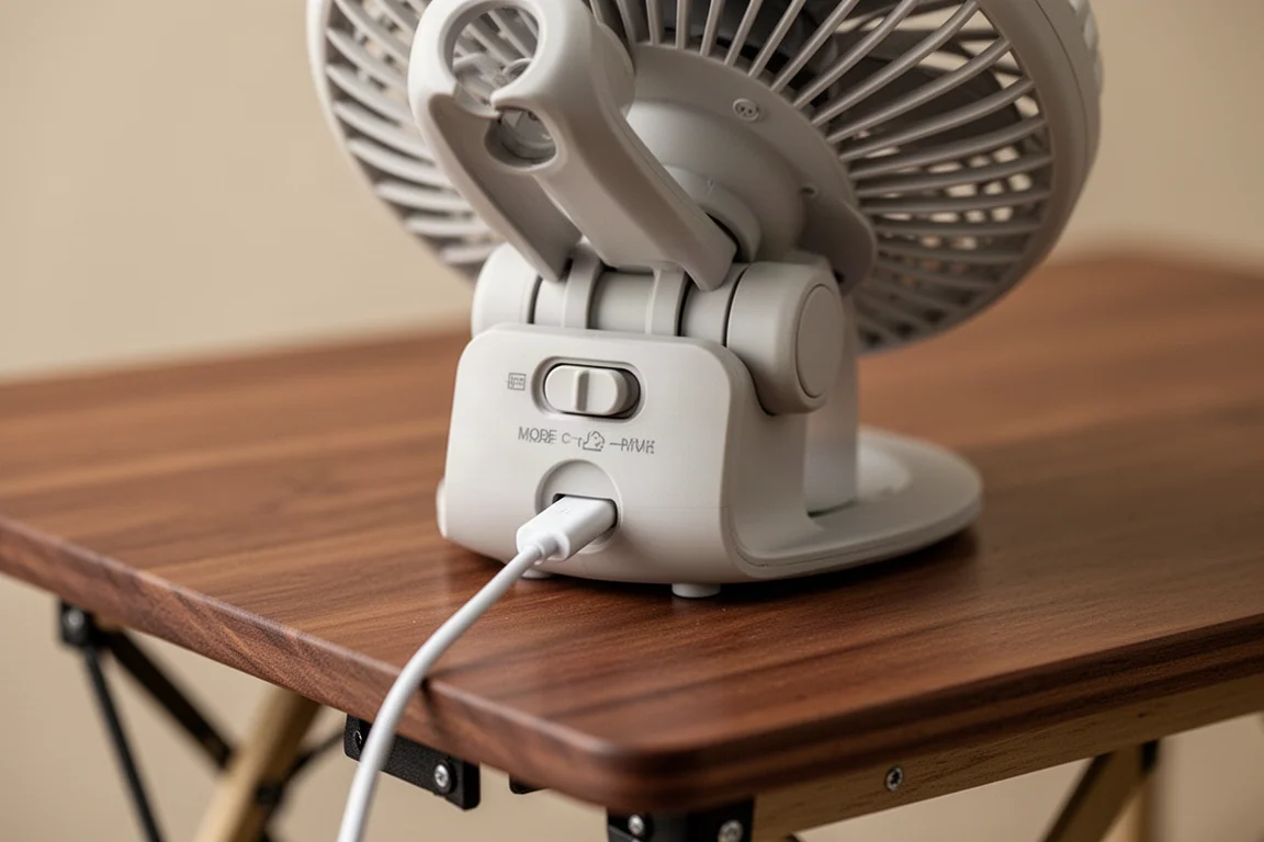 Close-up of a compact fan rear housing with mode switch and cable
