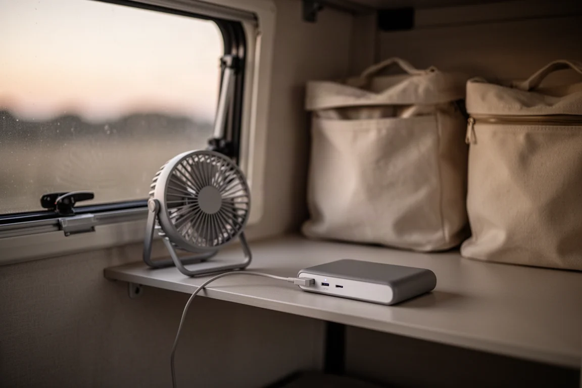 Portable fan connected to a power bank on a shelf inside a camper van