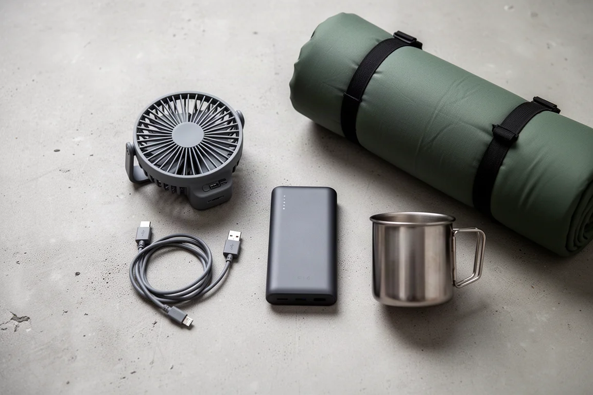 Overhead flat-lay of camping gear with a compact USB fan and power bank