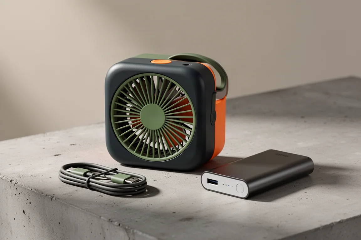 Compact green and orange USB camping fan beside a power bank and coiled cable