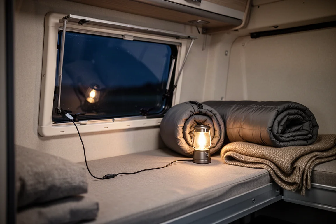 Interior de van de camping à noite com cabo USB passando ao longo de um beliche ao lado de um saco de dormir