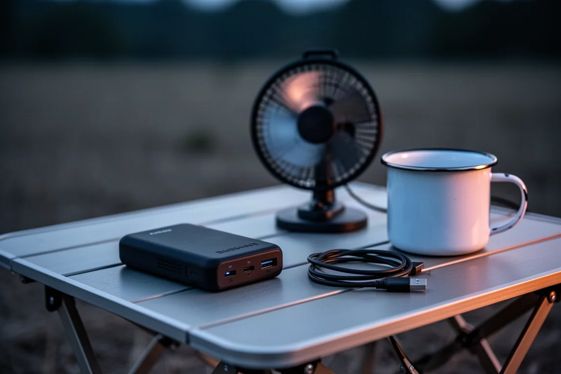 Mesa de camping ao anoitecer com power bank, pequeno ventilador com pás desfocadas e cabo enrolado