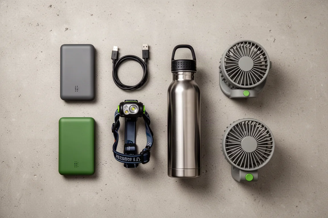 Vista superior de power bank, cabo USB, lanterna de cabeça, garrafa de água e pequeno ventilador sobre concreto