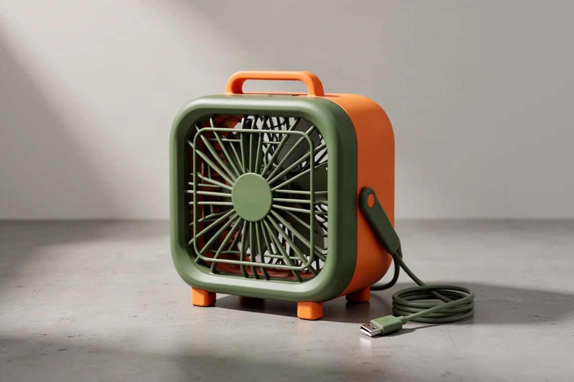 Ventilateur de camping USB compact vert et orange sur une surface en béton mat