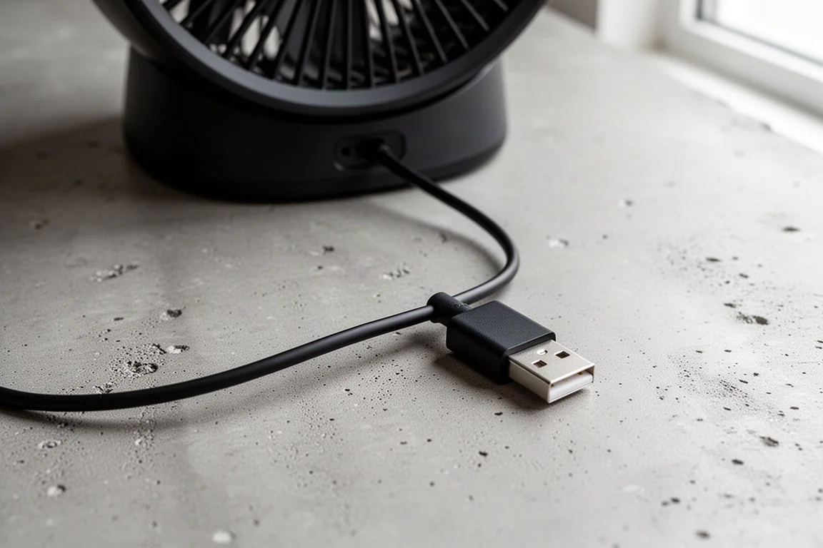 混凝土表面上小型风扇线缆与 USB 插头的特写