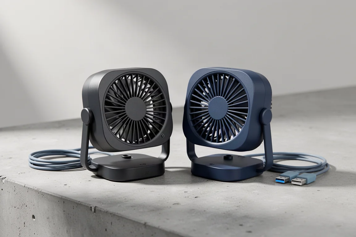 Two compact four-inch USB fans side by side on a matte concrete surface