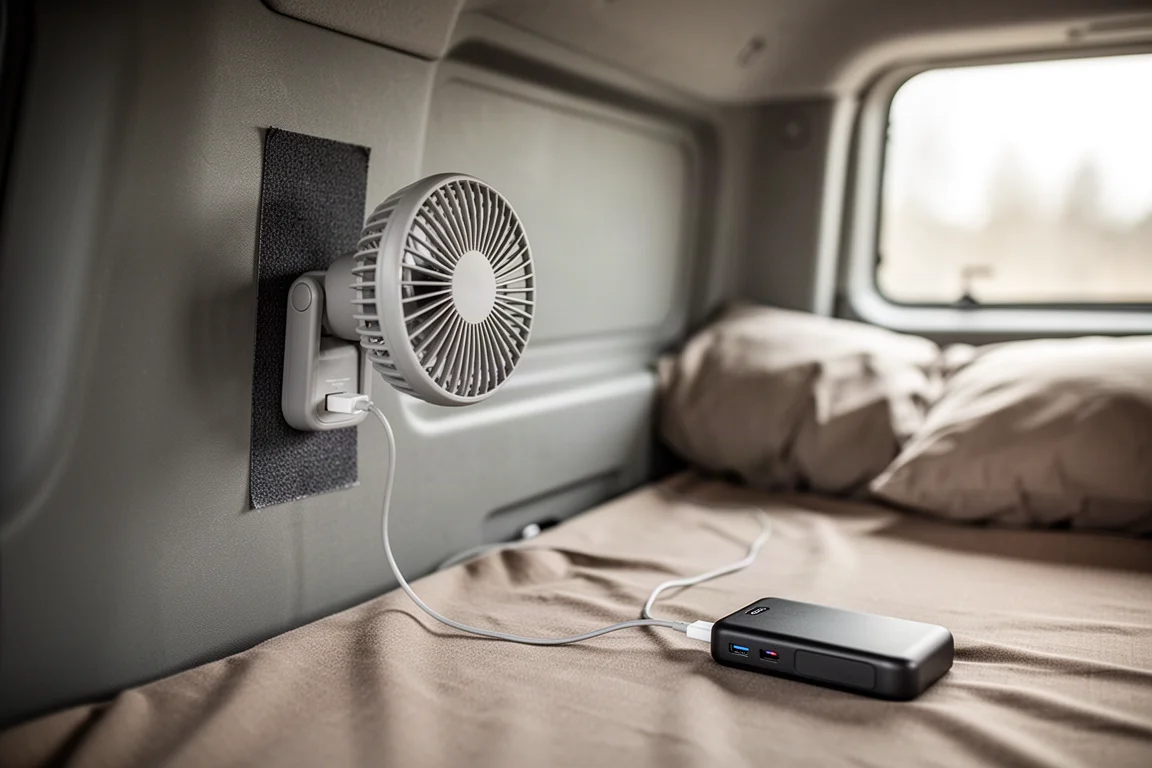 Wentylator USB przymocowany taśmą rzepową wewnątrz kabiny pojazdu