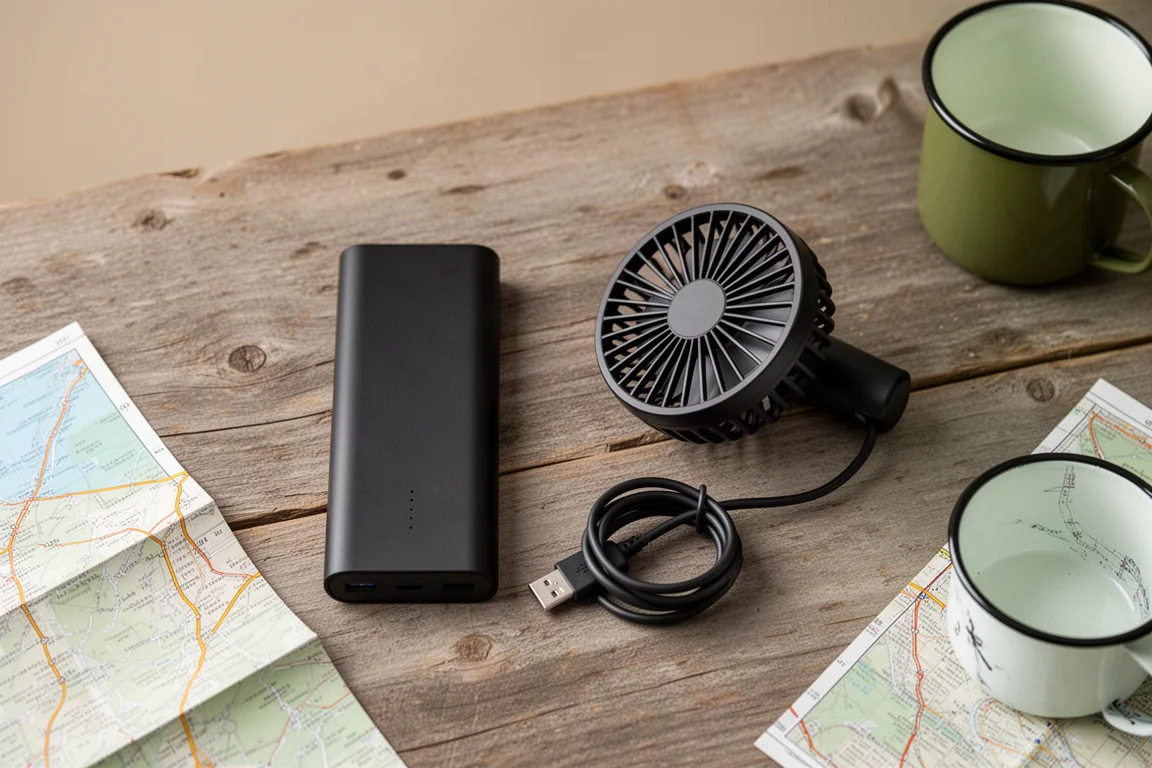 Power bank i mały wentylator USB na drewnianej powierzchni z podłączonym kablem