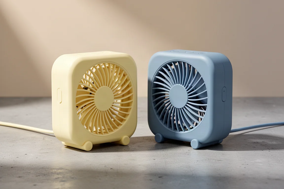 Two compact 4-inch USB camping fans side by side on a concrete surface
