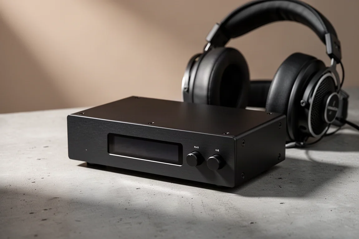 Compact black desktop DAC with a small display beside open-back headphones on concrete