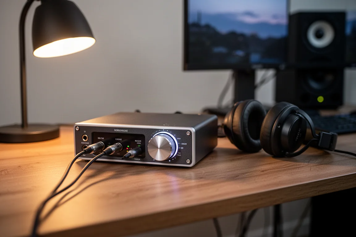 Studiotisch in der Abenddämmerung mit Audio-Interface, Kabeln und Kopfhörern im weichen Lampenlicht